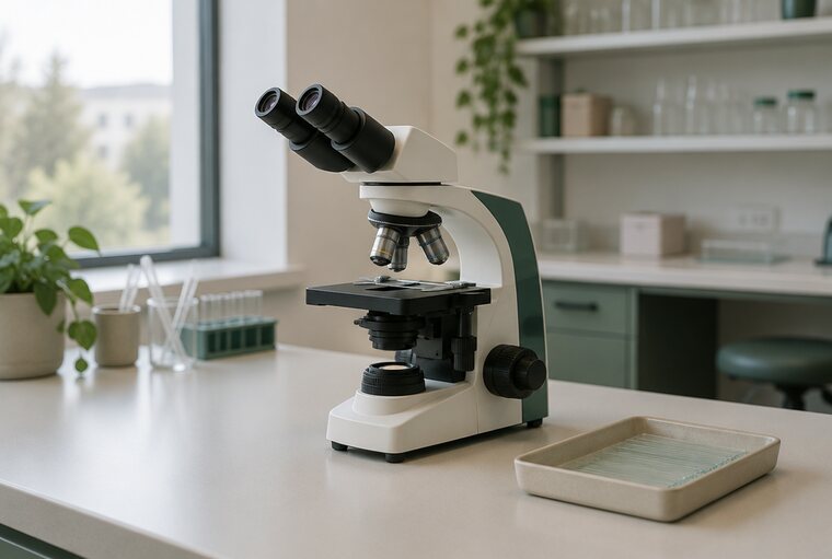 Mikroskop i szkiełka laboratoryjne na blacie w pracowni