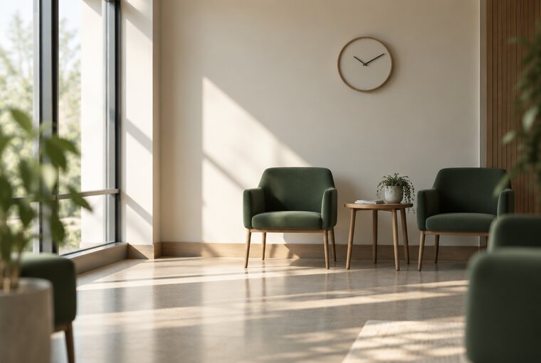 Poczekalnia kliniki z zegarem ściennym i fotelami