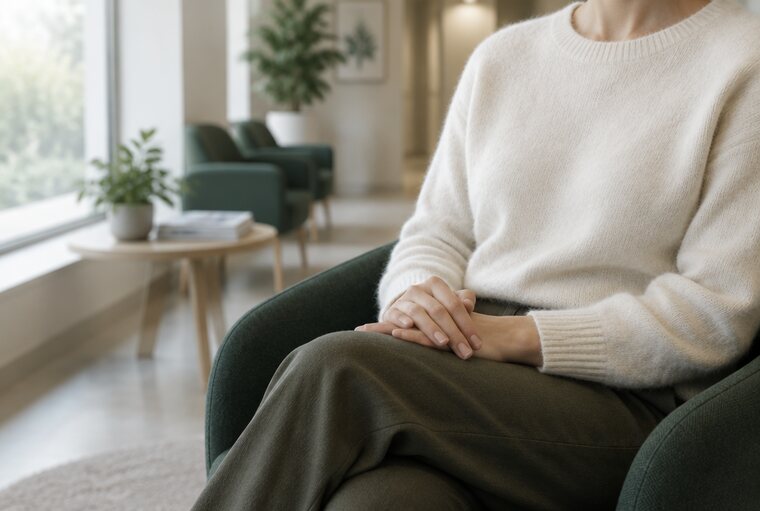 Pacjentka siedząca w poczekalni kliniki, dłonie splecione na kolanach